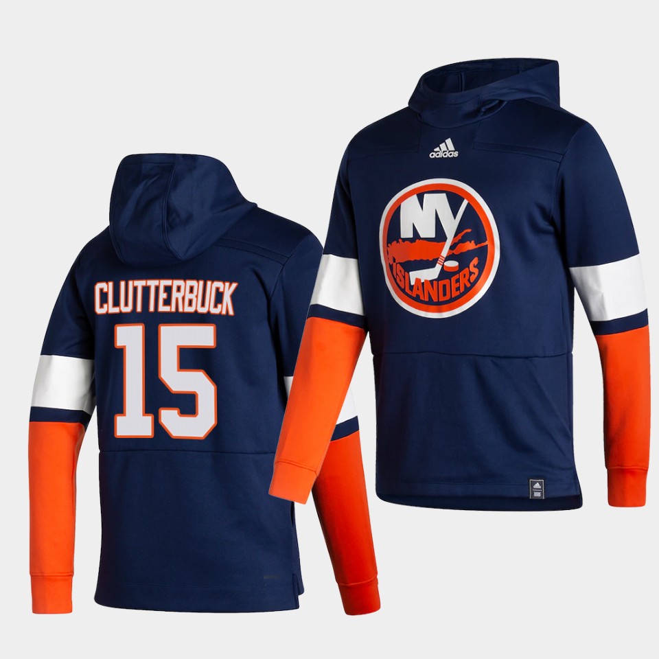 Men New York Islanders 15 Clutterbuck Blue NHL 2021 Adidas Pullover Hoodie Jersey